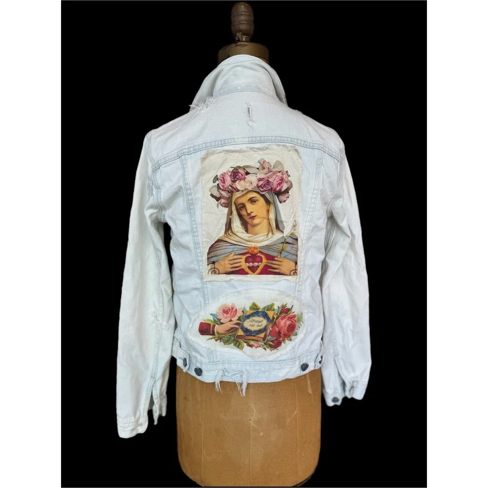 Upcycled‎ Light Blue Denim Jacket Sacred Heart Madonna Folk Art Boho Small